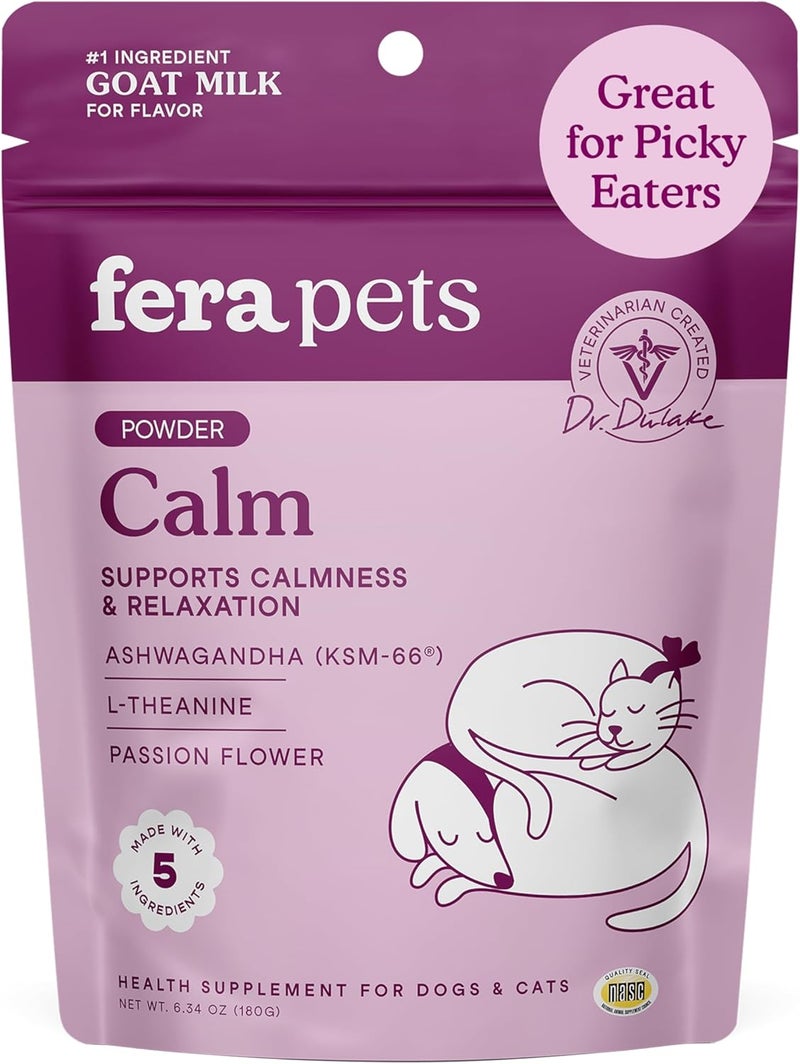 Fera Pets Goat Milk - Calming Supplement for Dogs & Cats - Ashwagandha, L-Theanine, & Passion Flower - Supports Anxiety Relief & Relaxation - for Picky Eaters - 60 TSP - Image 1